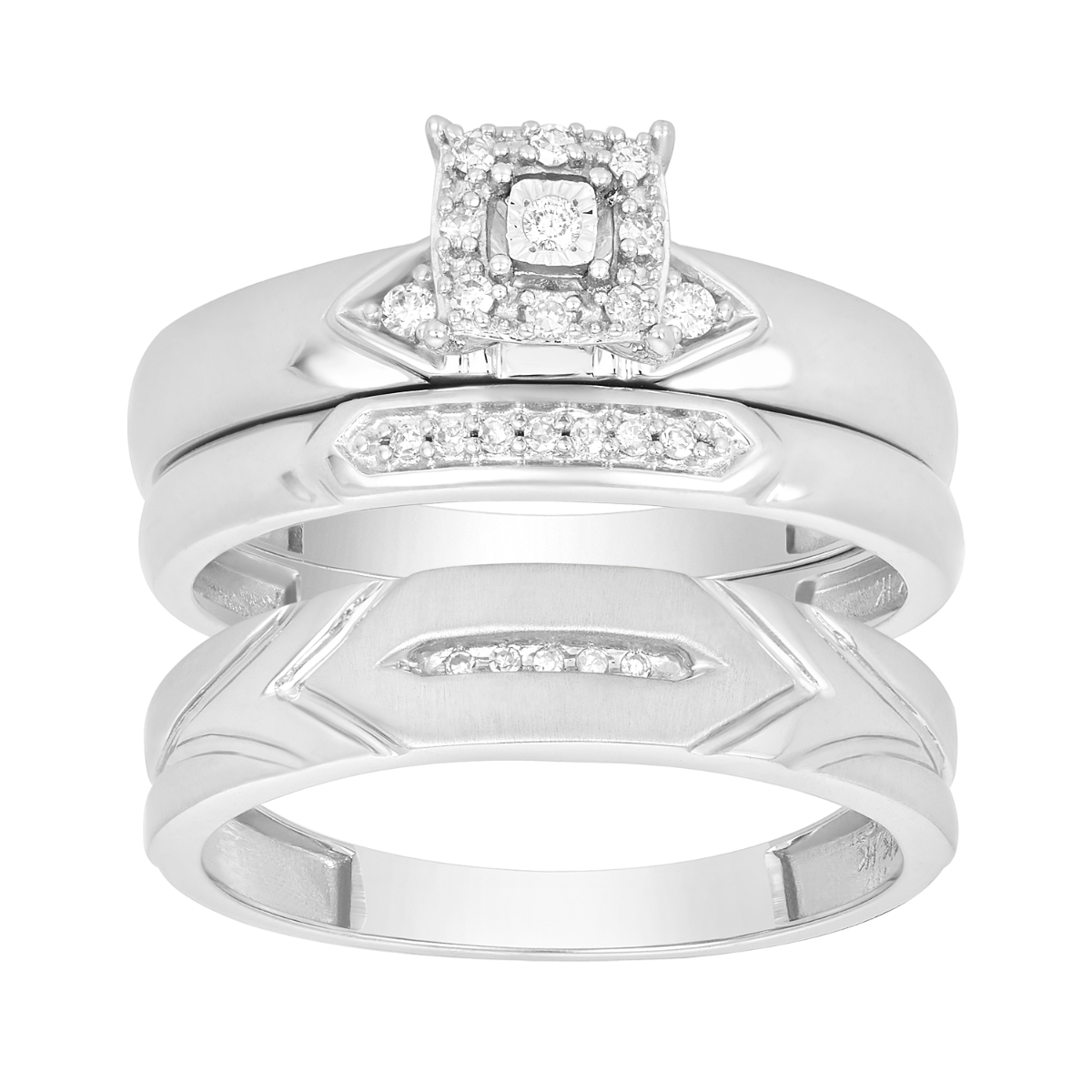 14K White Gold Princess Cut Diamond Wedding Trio
