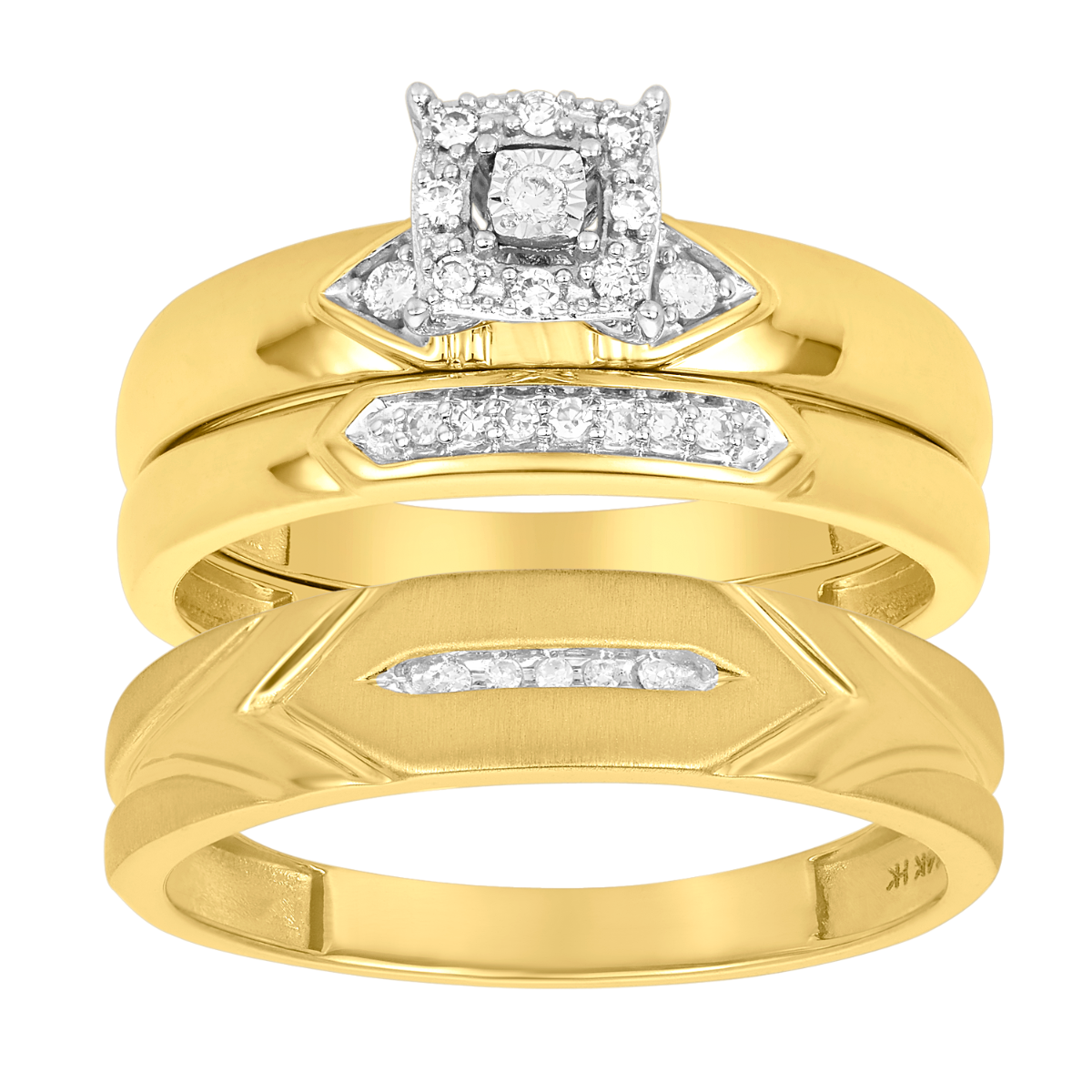 14K Two Tone Gold Princess Head Triangle Pattern Diamond Wedding Trio