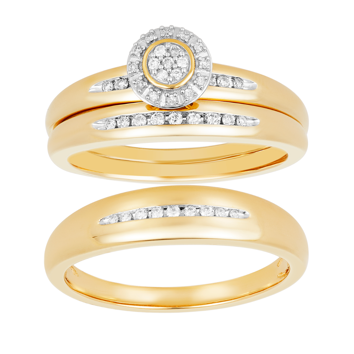 14K Two Tone Gold Halo Diamond Wedding Trio