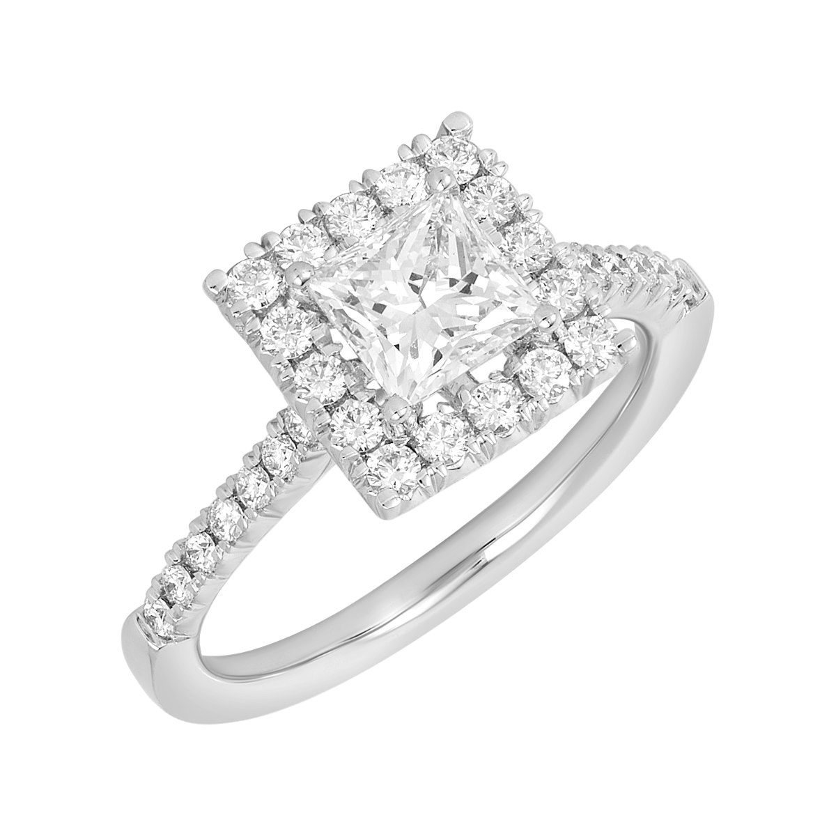 14K White Gold Princess Cut Lab Grown Diamond Halo Fancy Solitaire Ring