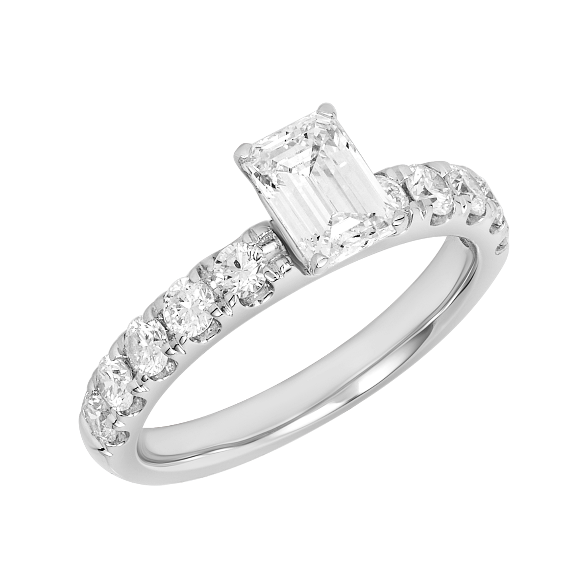 14K White Gold Emerald Cut Lab Grown Diamond Pave Shank Ring