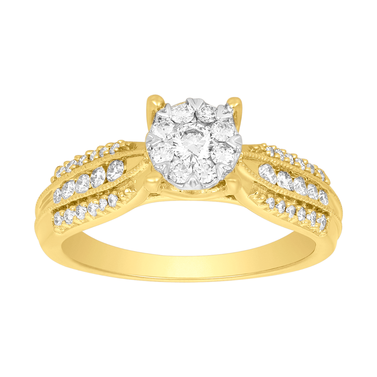 14K Yellow Gold Round Cluster Diamond Ring