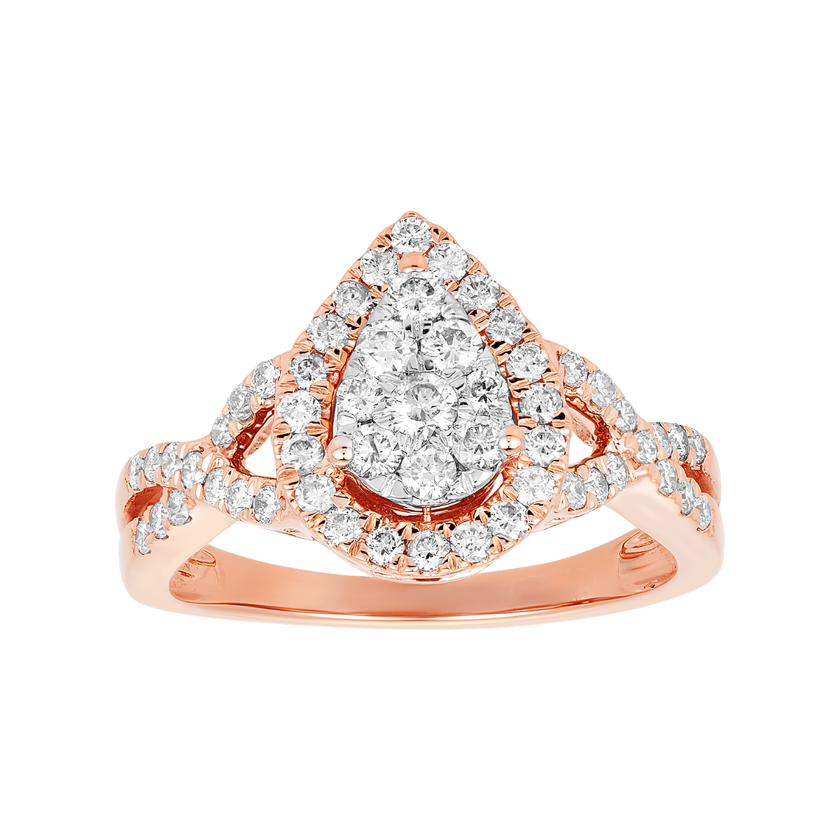 14K Rose Gold Pear Cluster Halo Twist Diamond Ring