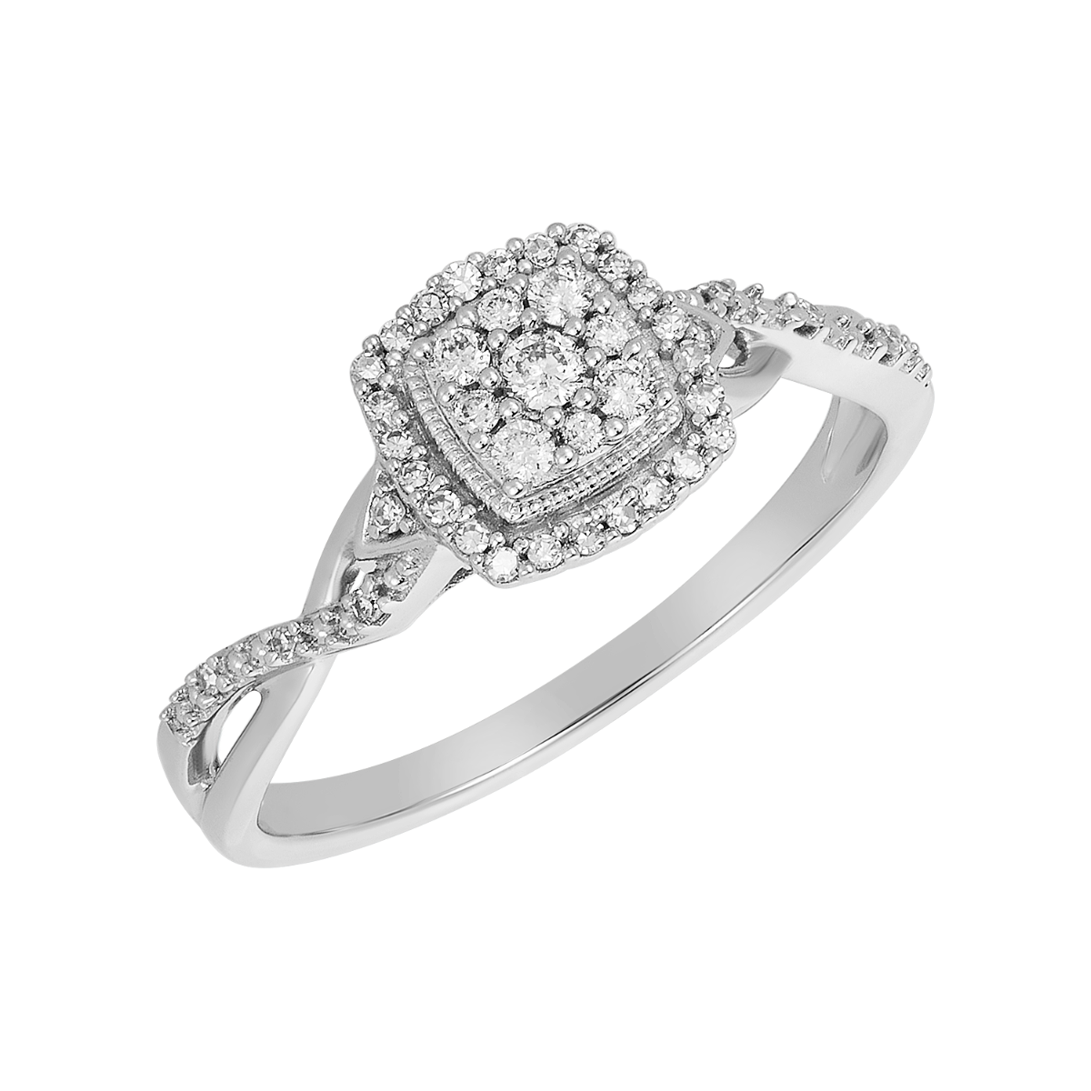 14K White Gold Cushion Head Twist Design Diamond Ring