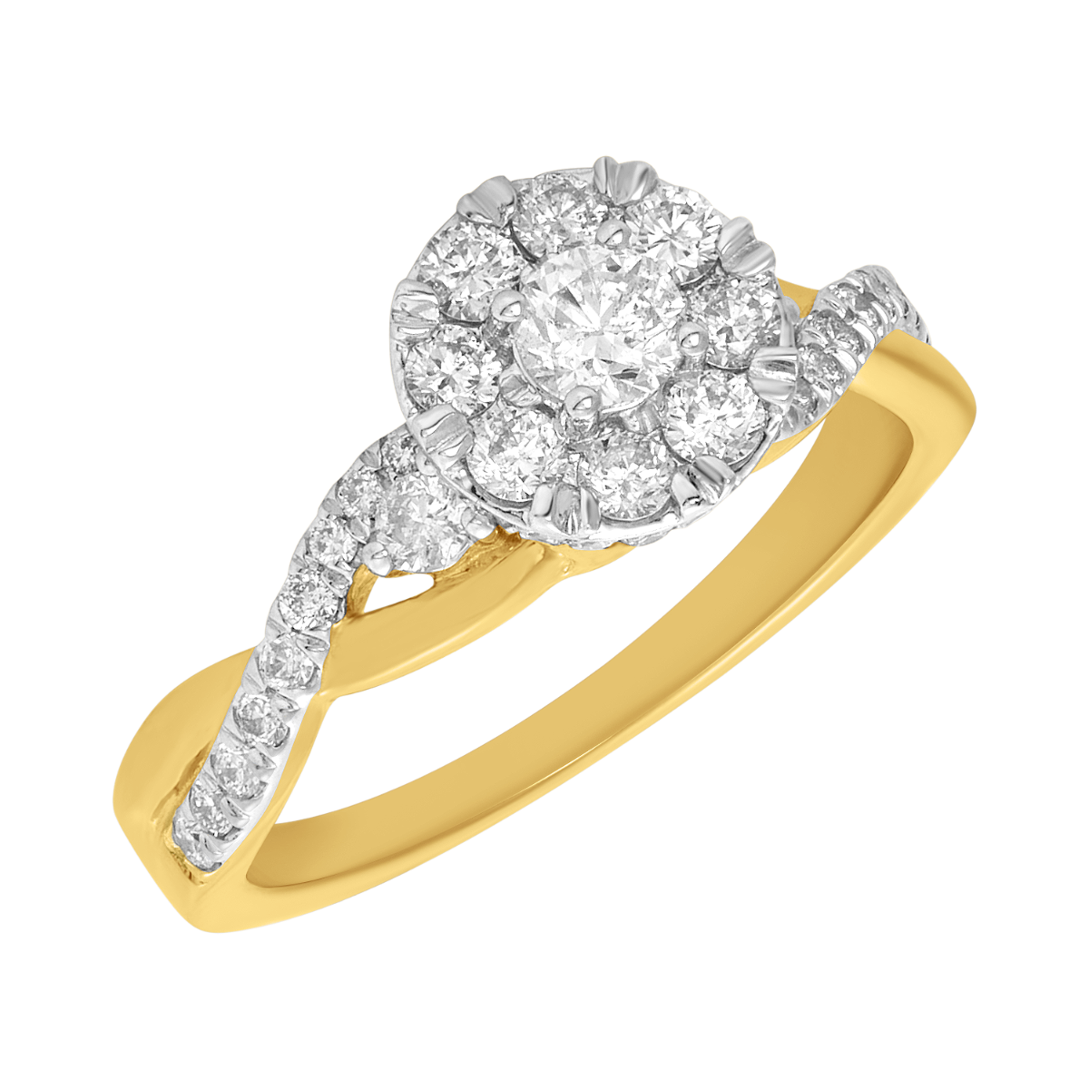 14K Two Tone Gold Halo Twist Diamond Ring
