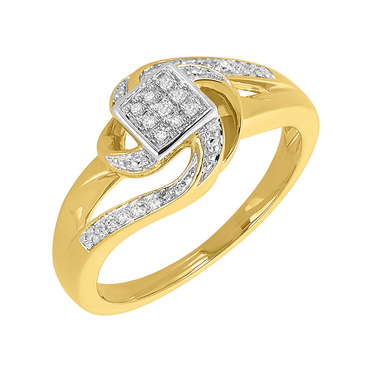 14K Yellow Gold Princess Cluster Swirl Promise Ring