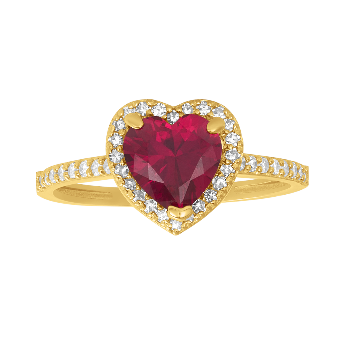 14K Yellow Gold Ruby Heart Diamond Halo Ring