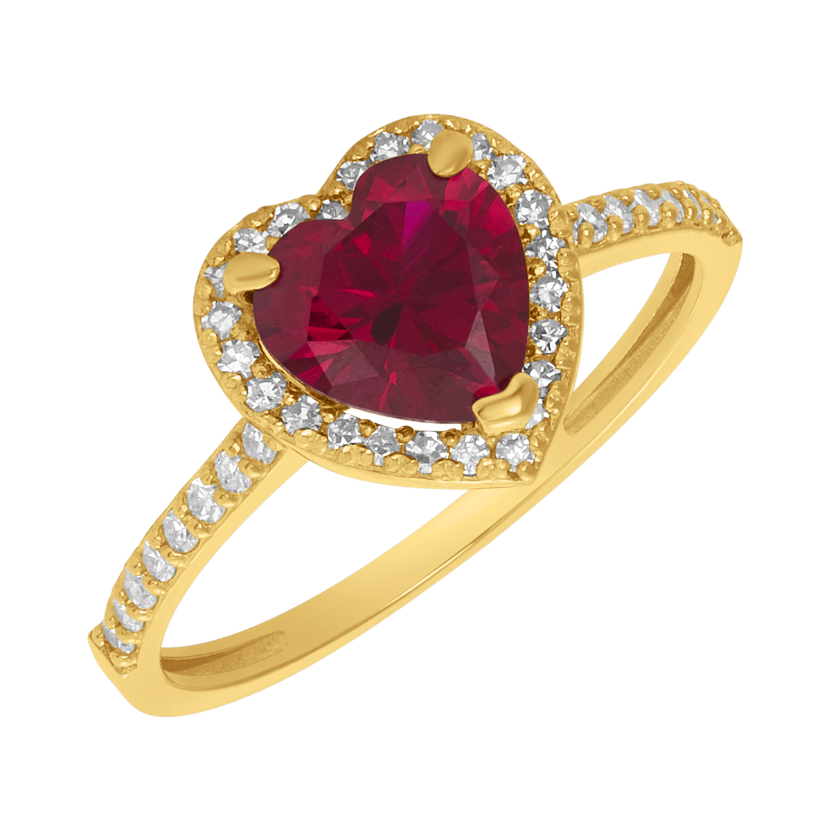 14K Yellow Gold Ruby Heart Diamond Halo Ring