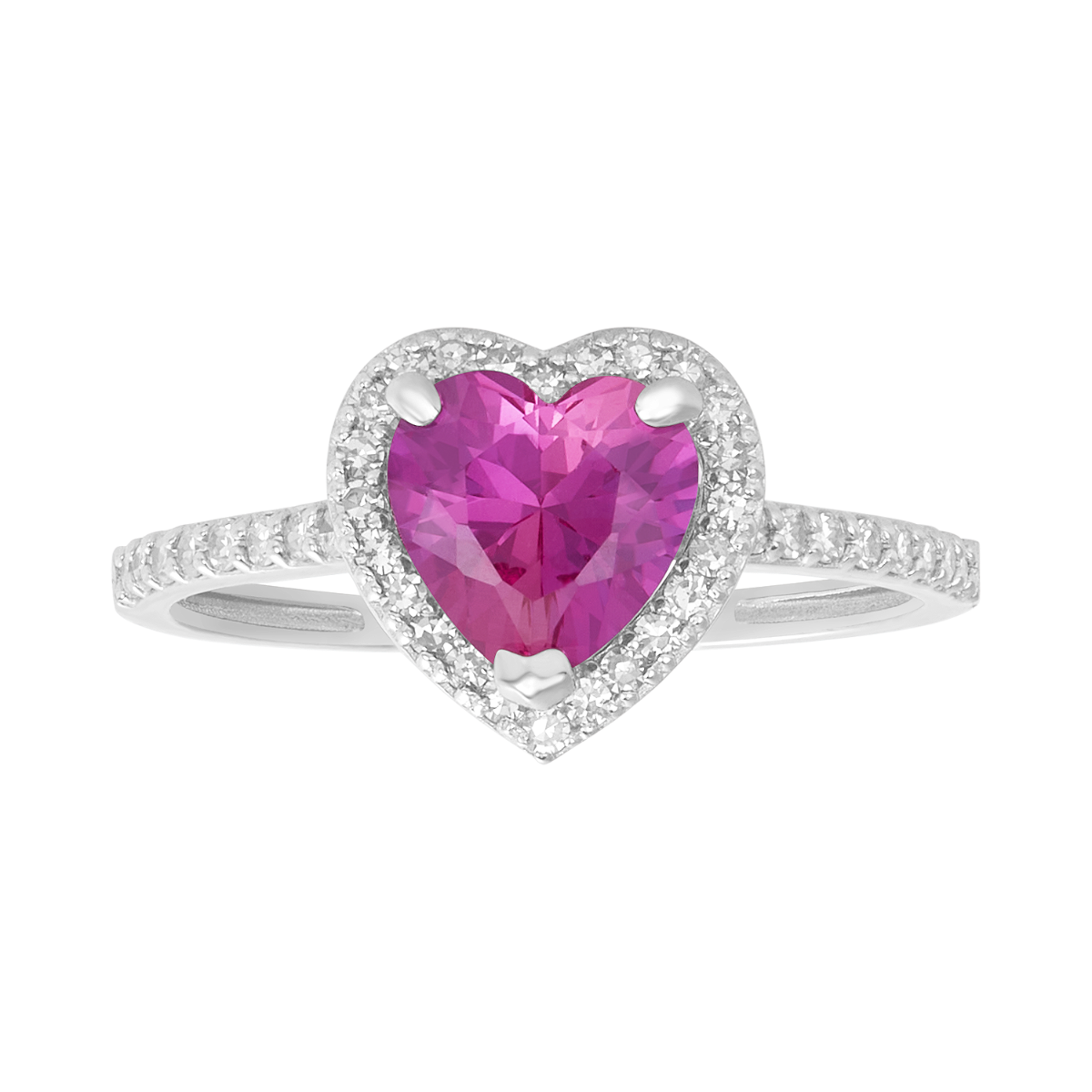 14K White Gold Pink Sapphire Heart Diamond Halo Ring