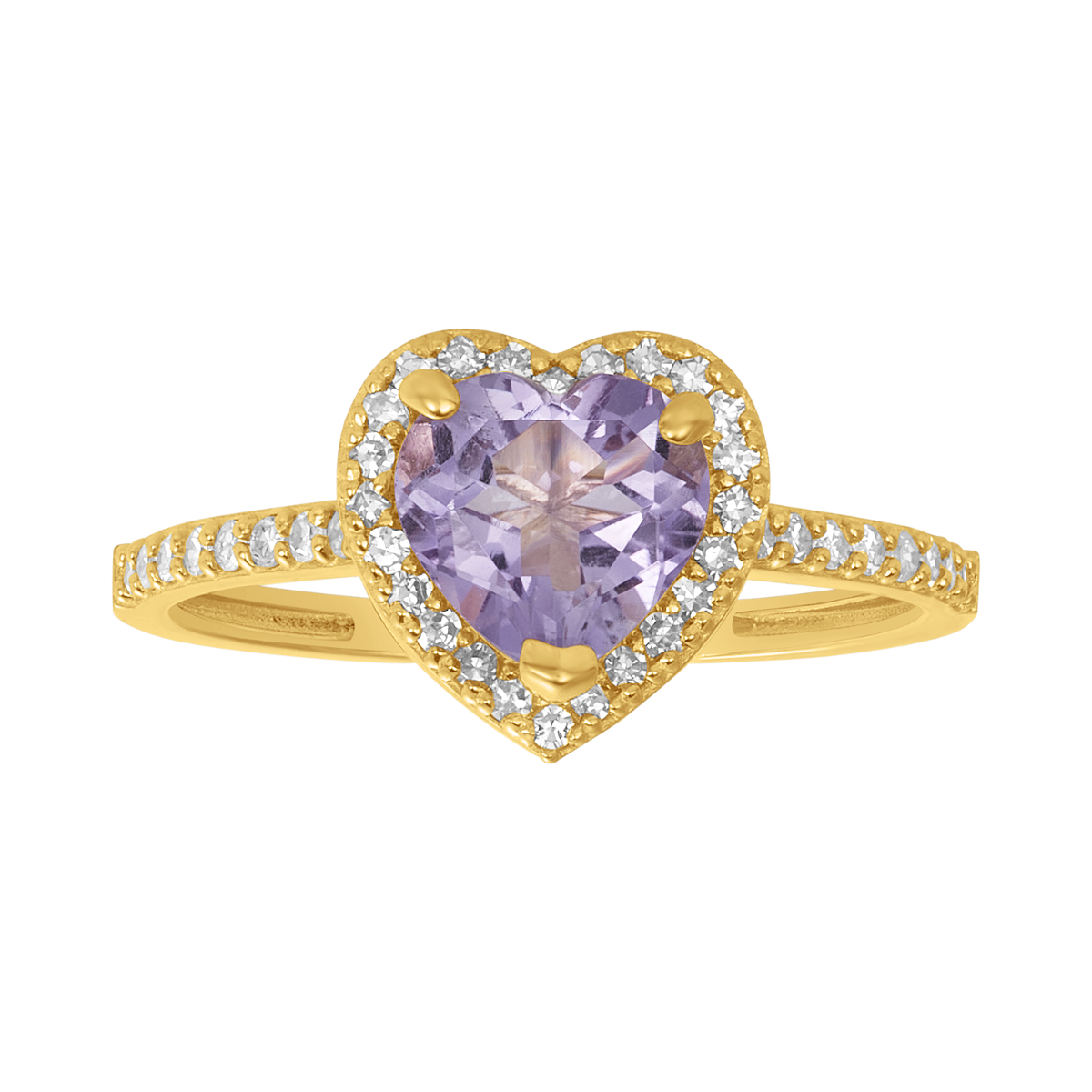 14K Yellow Gold Rose Amethyst Heart Diamond Halo Ring