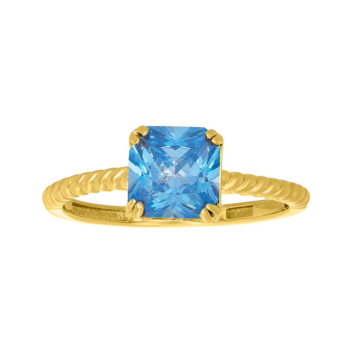 14K Yellow Gold Cushion Blue CZ Rope Shank Ring