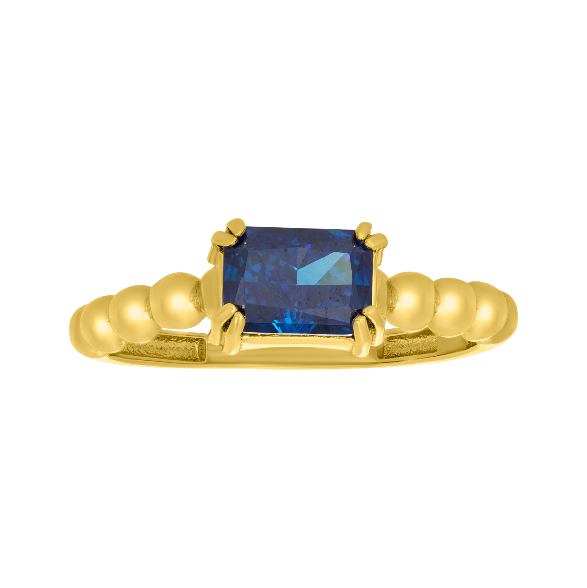14K Yellow Gold Blue CZ Bead Shank Ring