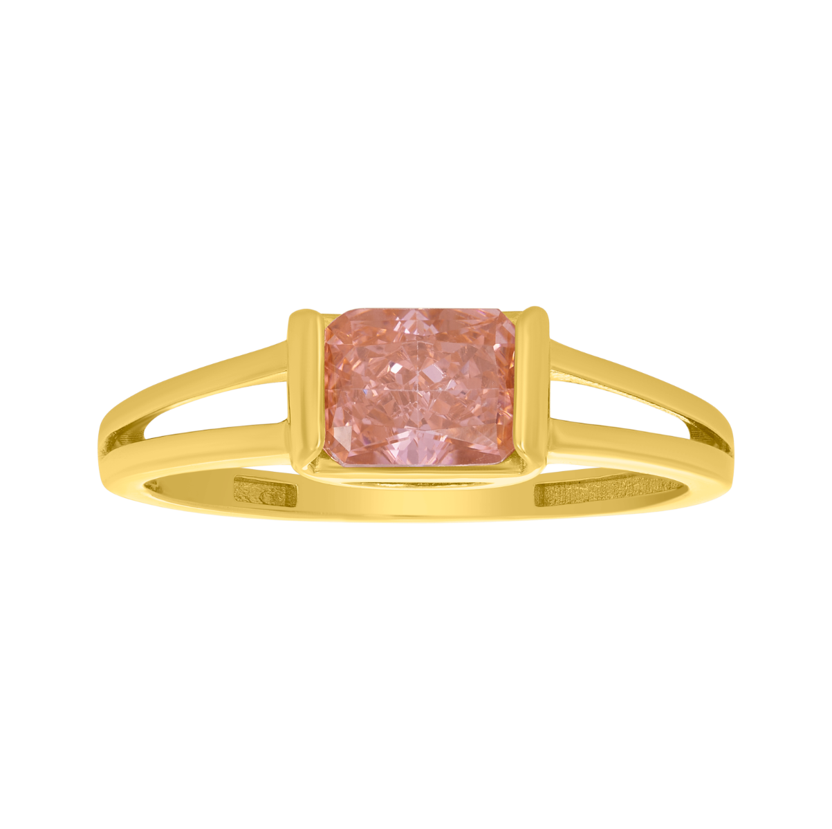 14K Yellow Gold Pink CZ Split Shank Ring