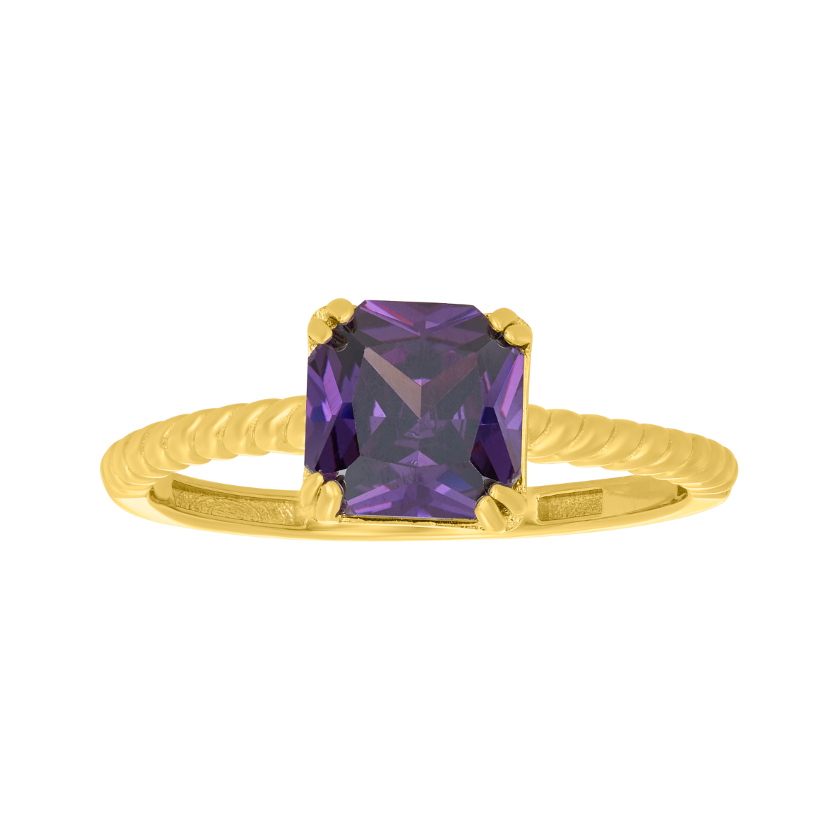 14K Yellow Gold Cushion Purple CZ Rope Shank Ring