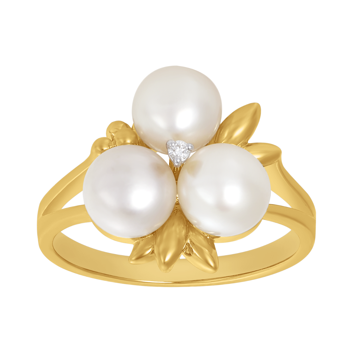 14K Yellow Gold Pearl Cluster Diamond Ring