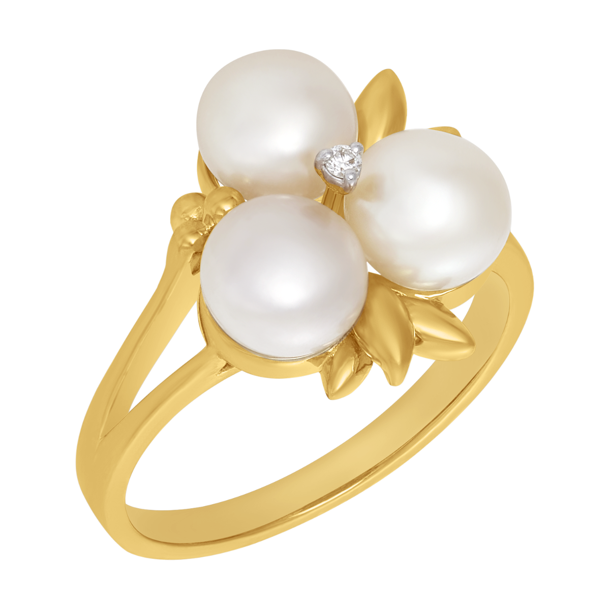 14K Yellow Gold Pearl Cluster Diamond Ring