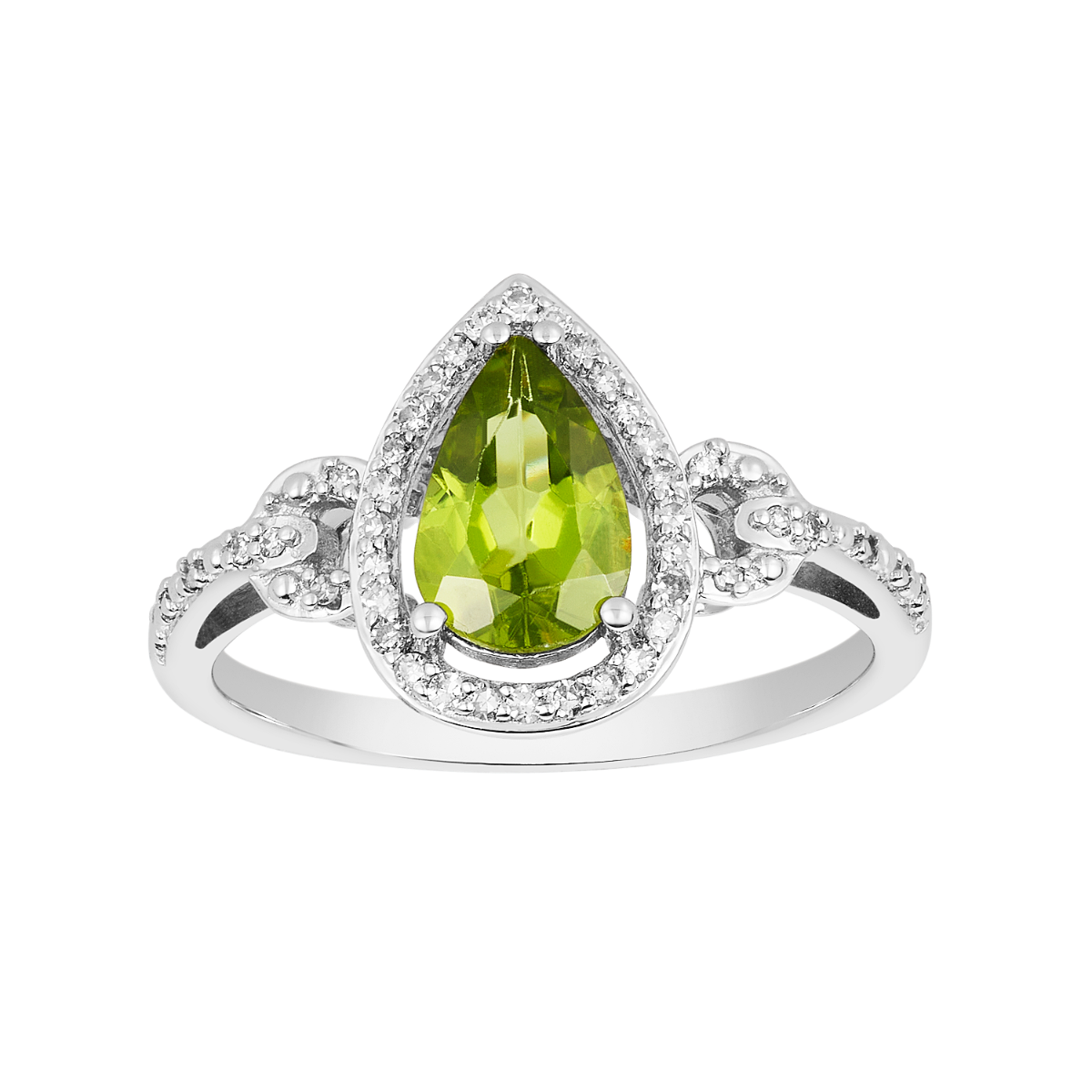 14K White Gold Pear Shaped Peridot Halo Diamond Ring