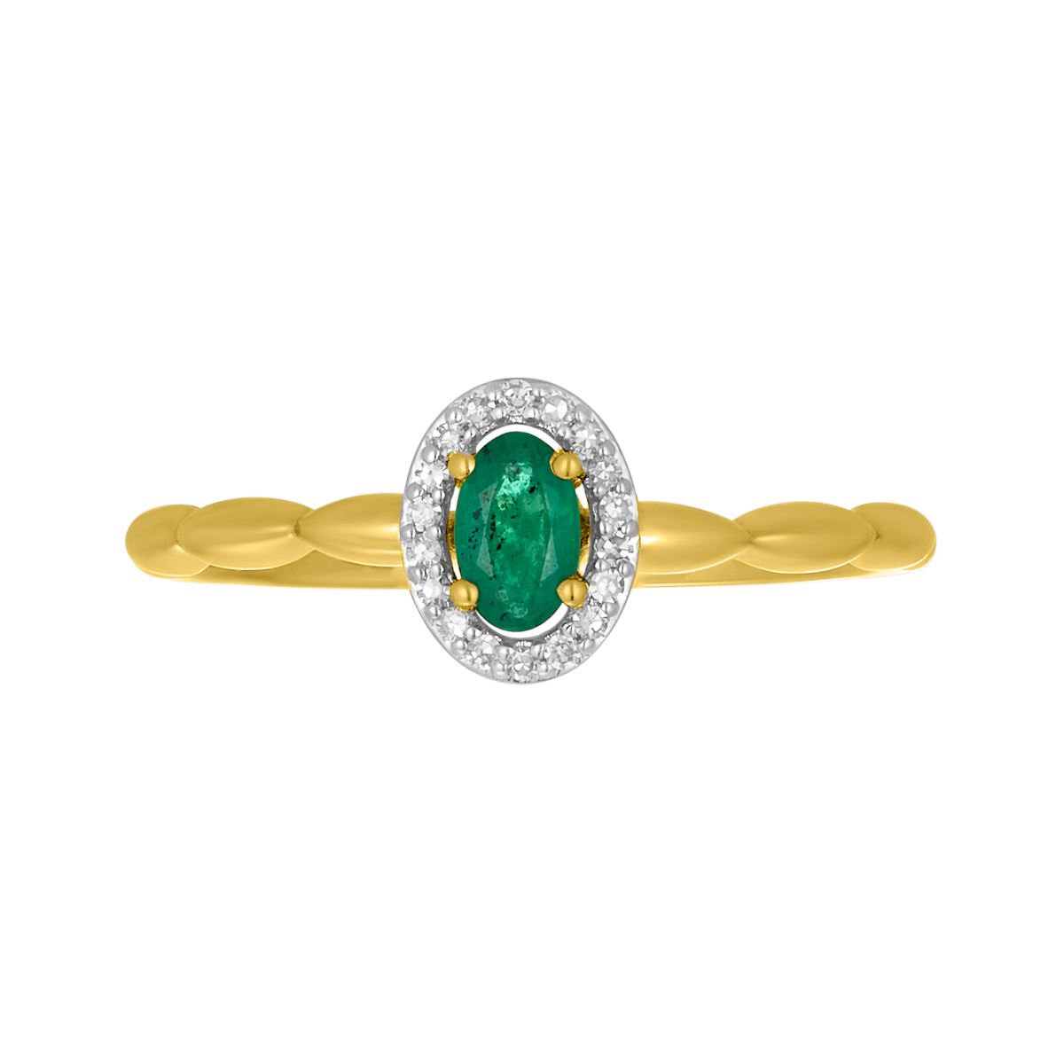 10K Yellow Gold Emerald Bubble Shank Halo Diamond Ring