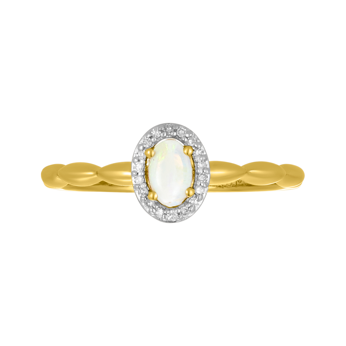 10K Yellow Gold Opal Bubble Shank Halo Diamond Ring