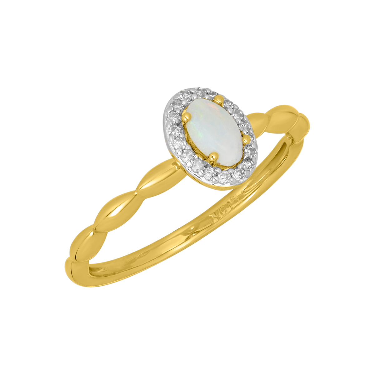 10K Yellow Gold Opal Bubble Shank Halo Diamond Ring