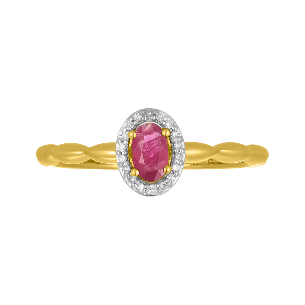 10K Yellow Gold Ruby Bubble Shank Halo Diamond Ring