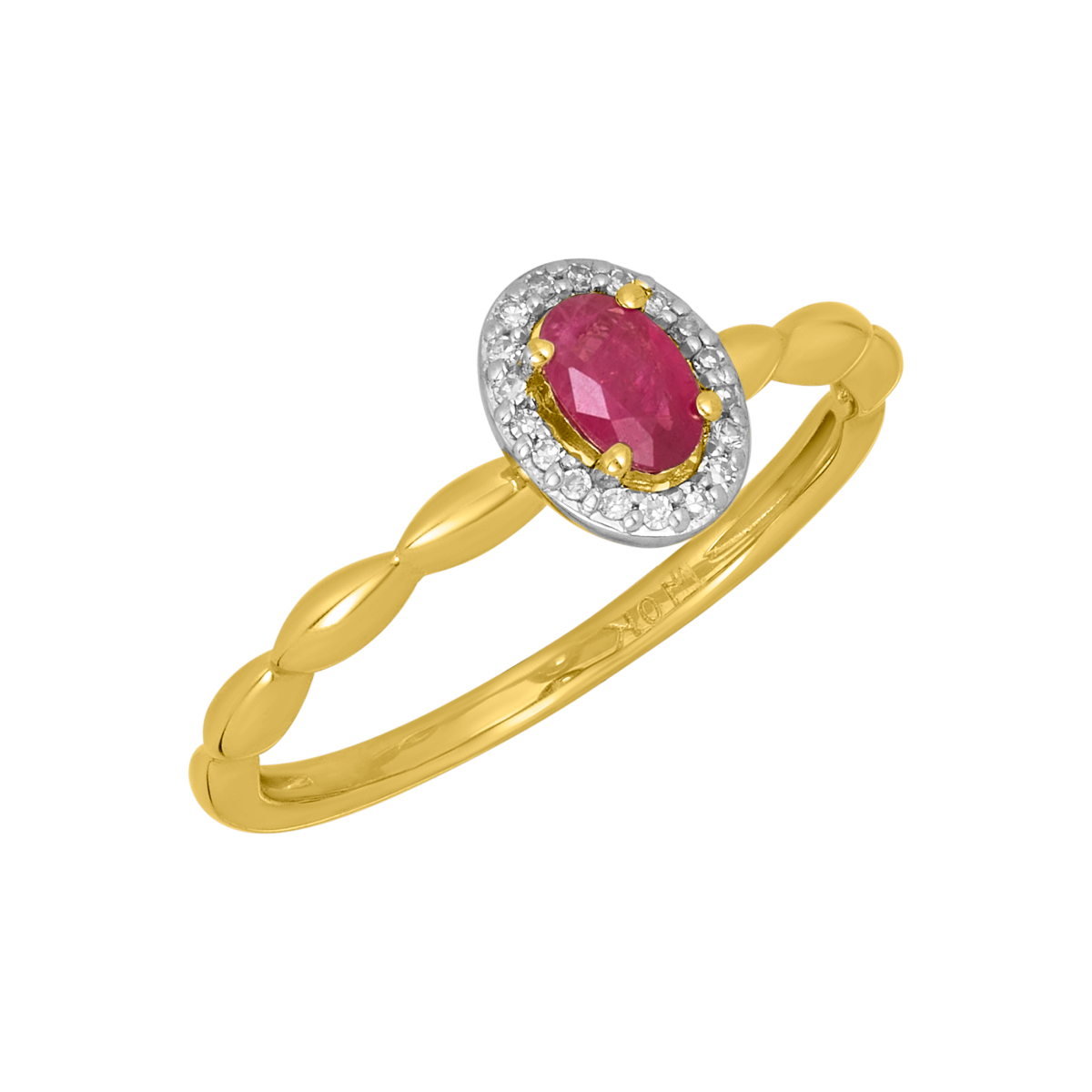 10K Yellow Gold Ruby Bubble Shank Halo Diamond Ring