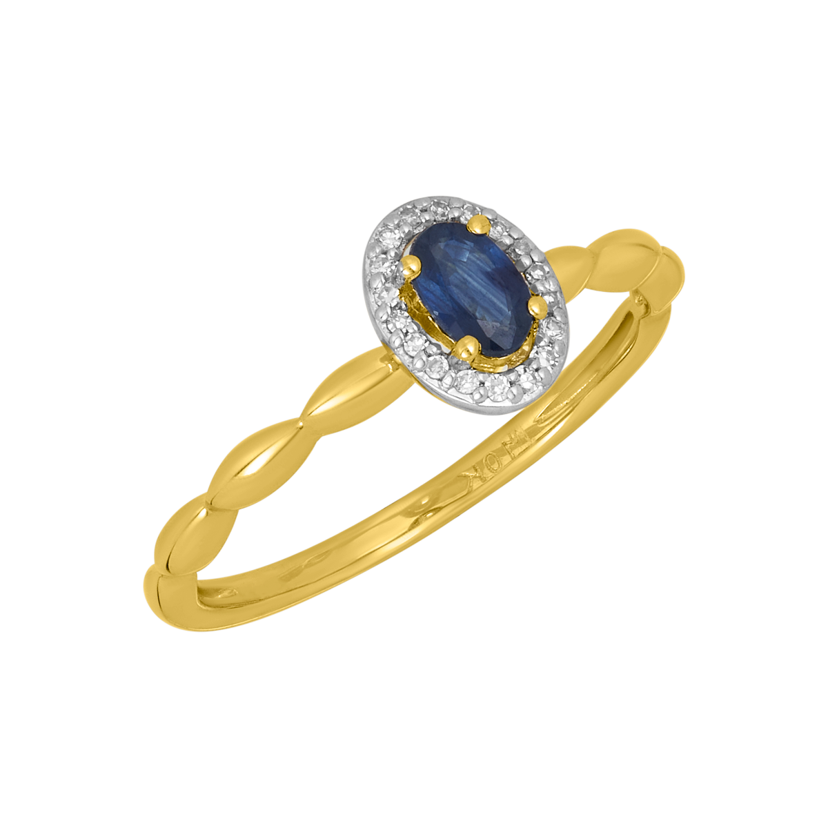 10K Yellow Gold Sapphire Bubble Shank Halo Diamond Ring