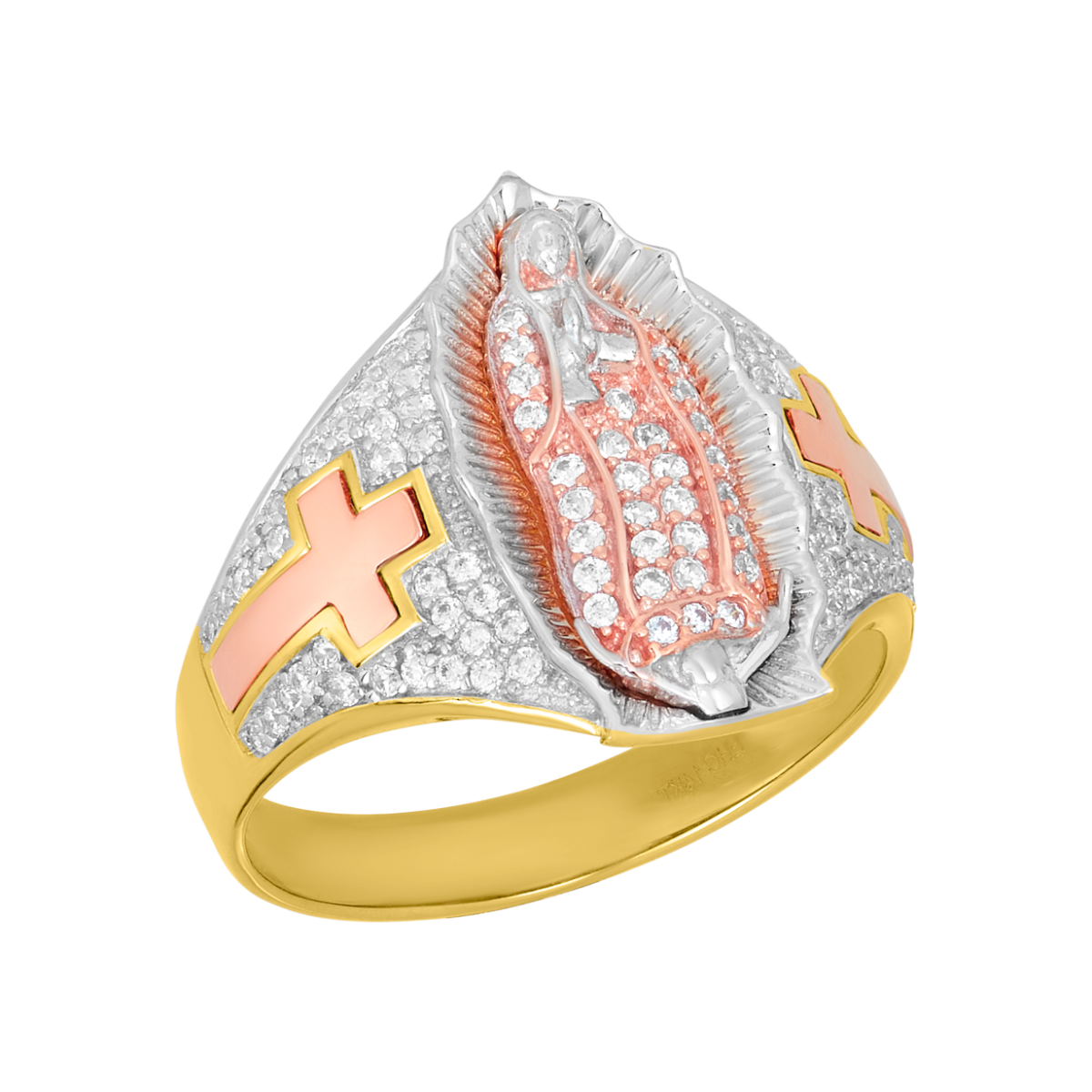 14K Tri Color Gold Lady of Guadalupe CZ Ring