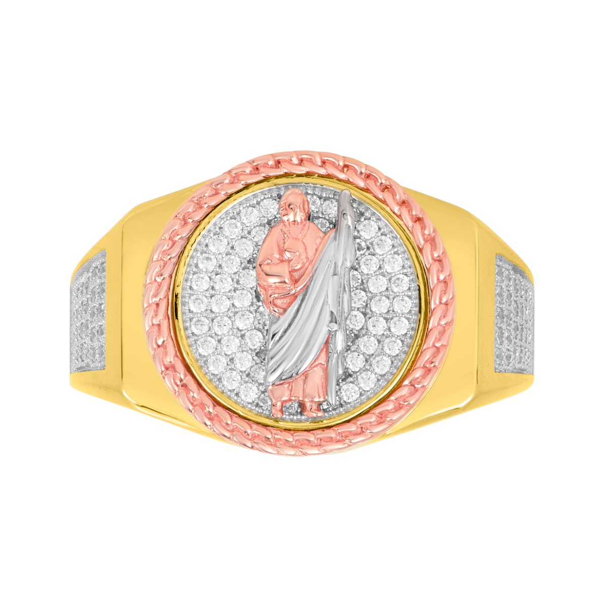 14K Tri Color Gold St. Jude Bezel CZ Ring