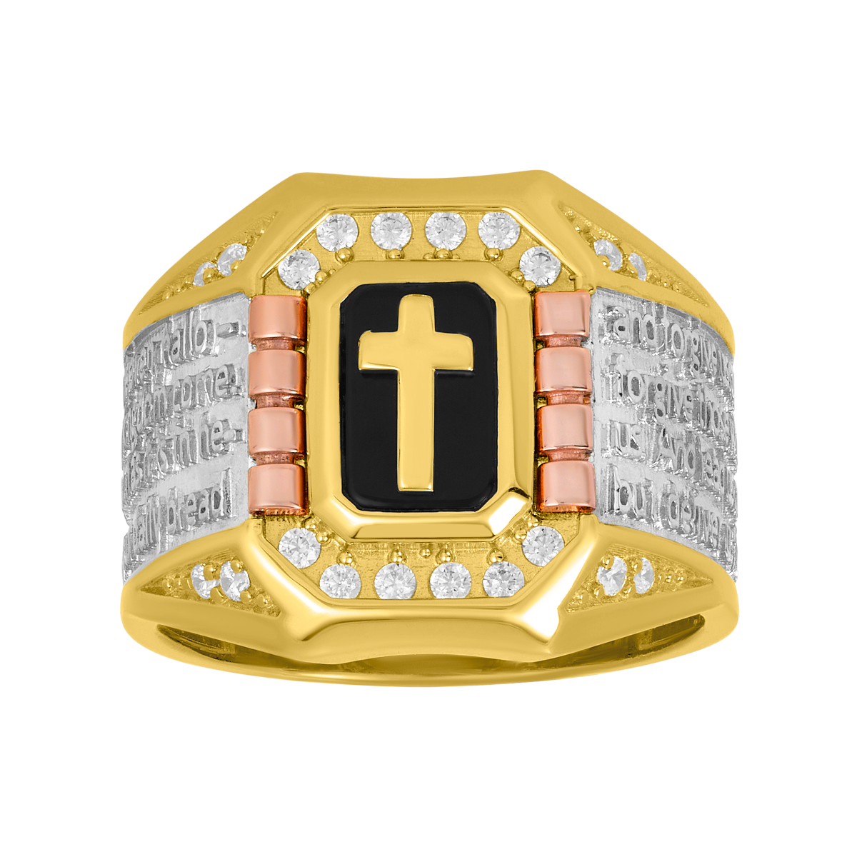 14K Tri Color Gold Onyx Cross Prayer CZ Ring