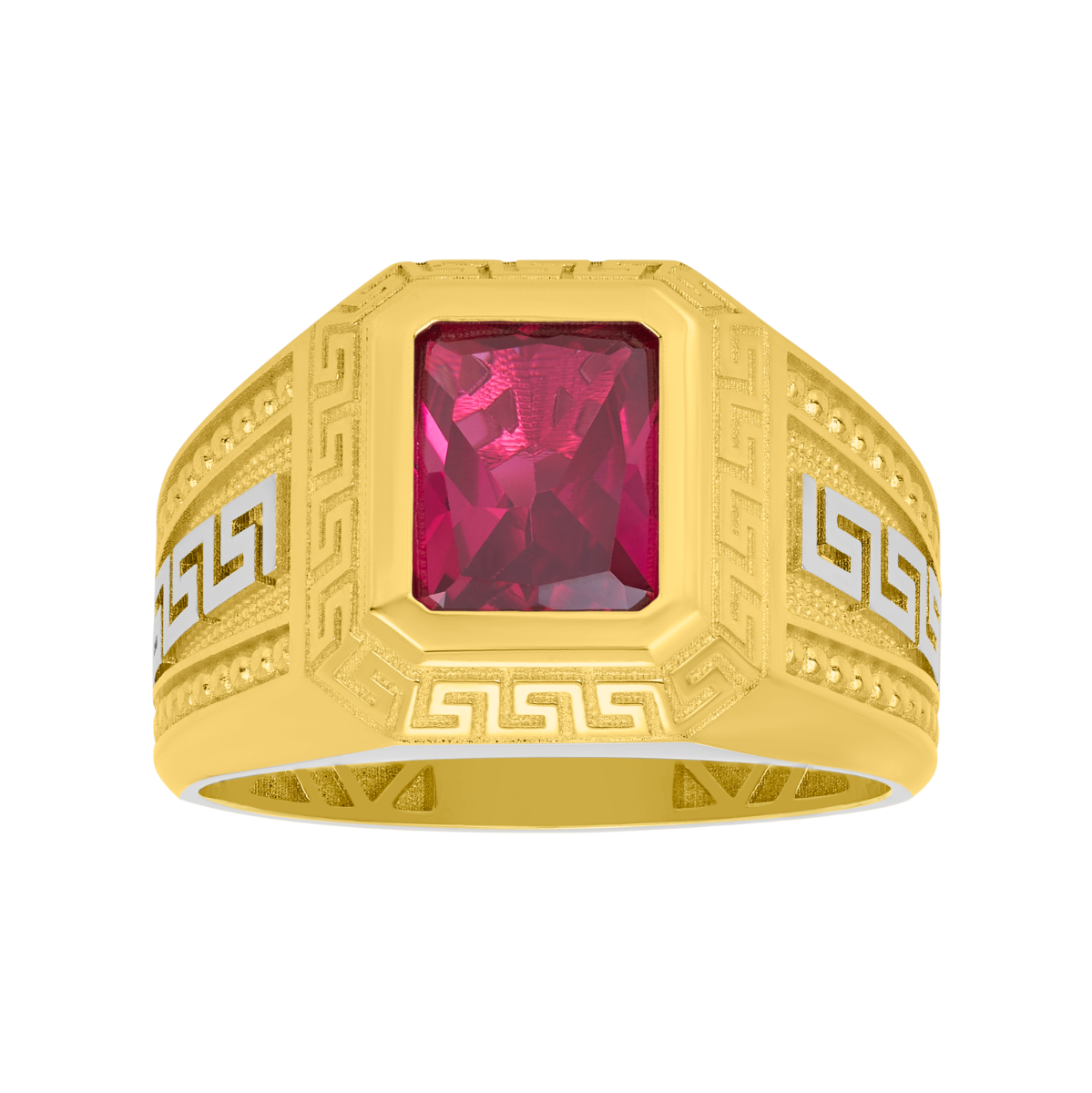 14K Yellow Gold Red CZ Greek Design Ring