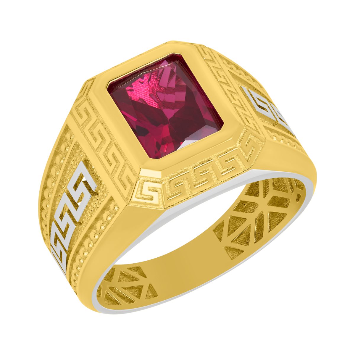 14K Yellow Gold Red CZ Greek Design Ring