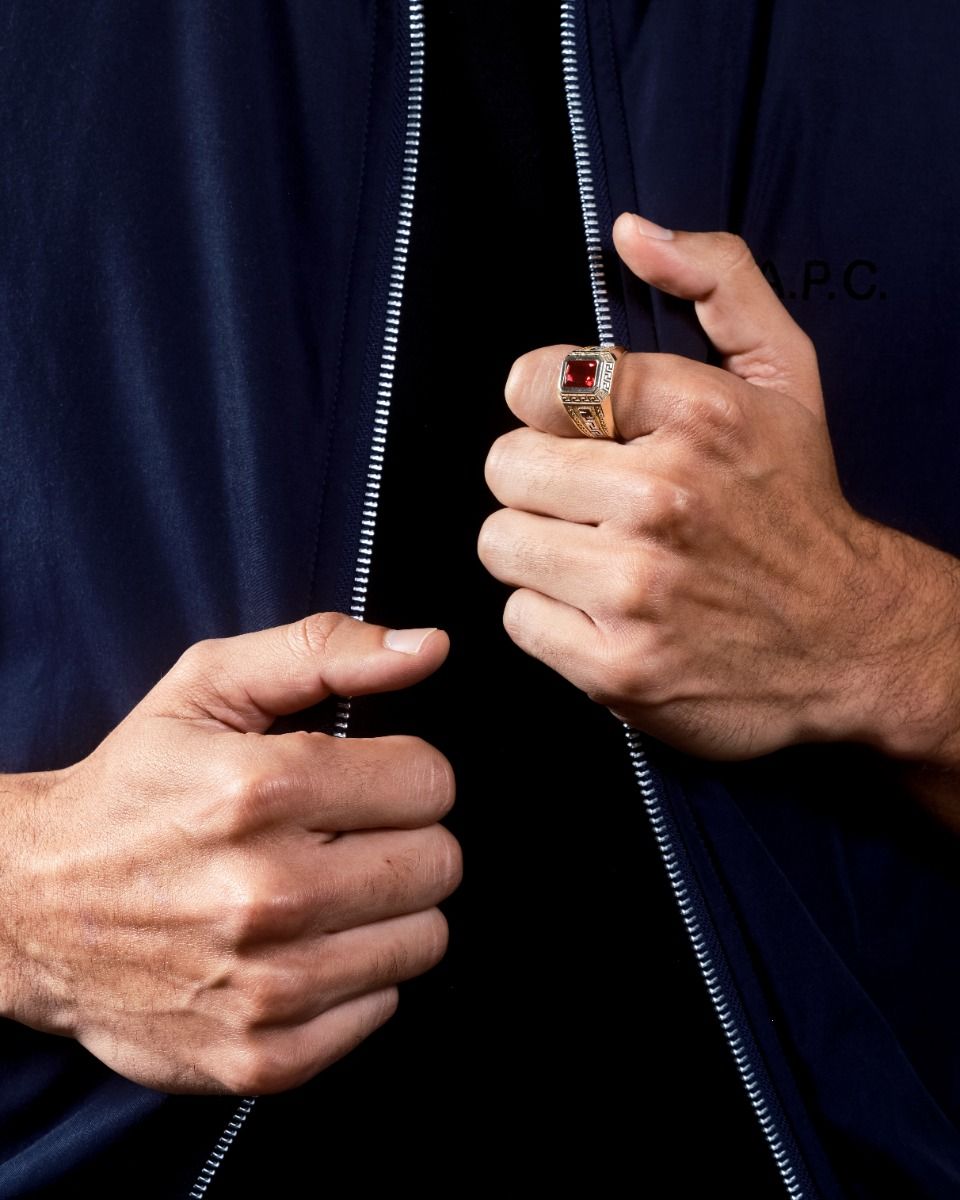 14K Yellow Gold Red CZ Greek Design Ring