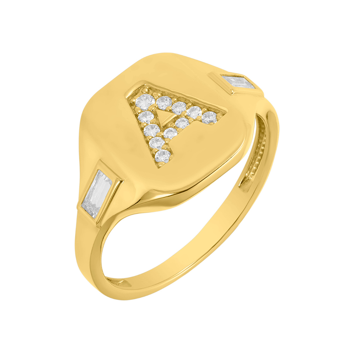 14K Yellow Gold Initial 'A' CZ Signet Ring