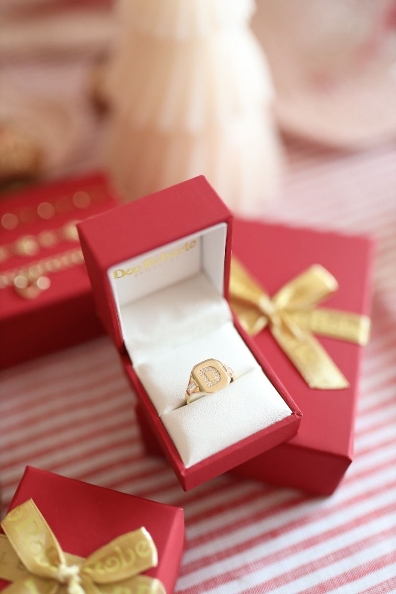 14K Yellow Gold Initial 'D' CZ Signet Ring