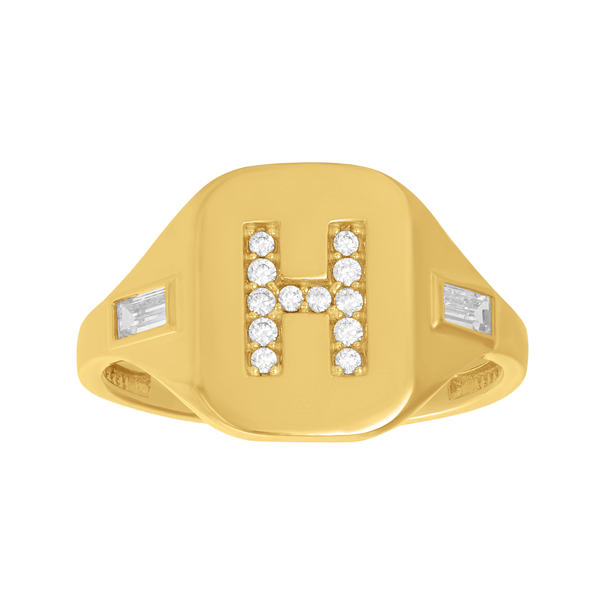 14K Yellow Gold Initial 'H' CZ Signet Ring