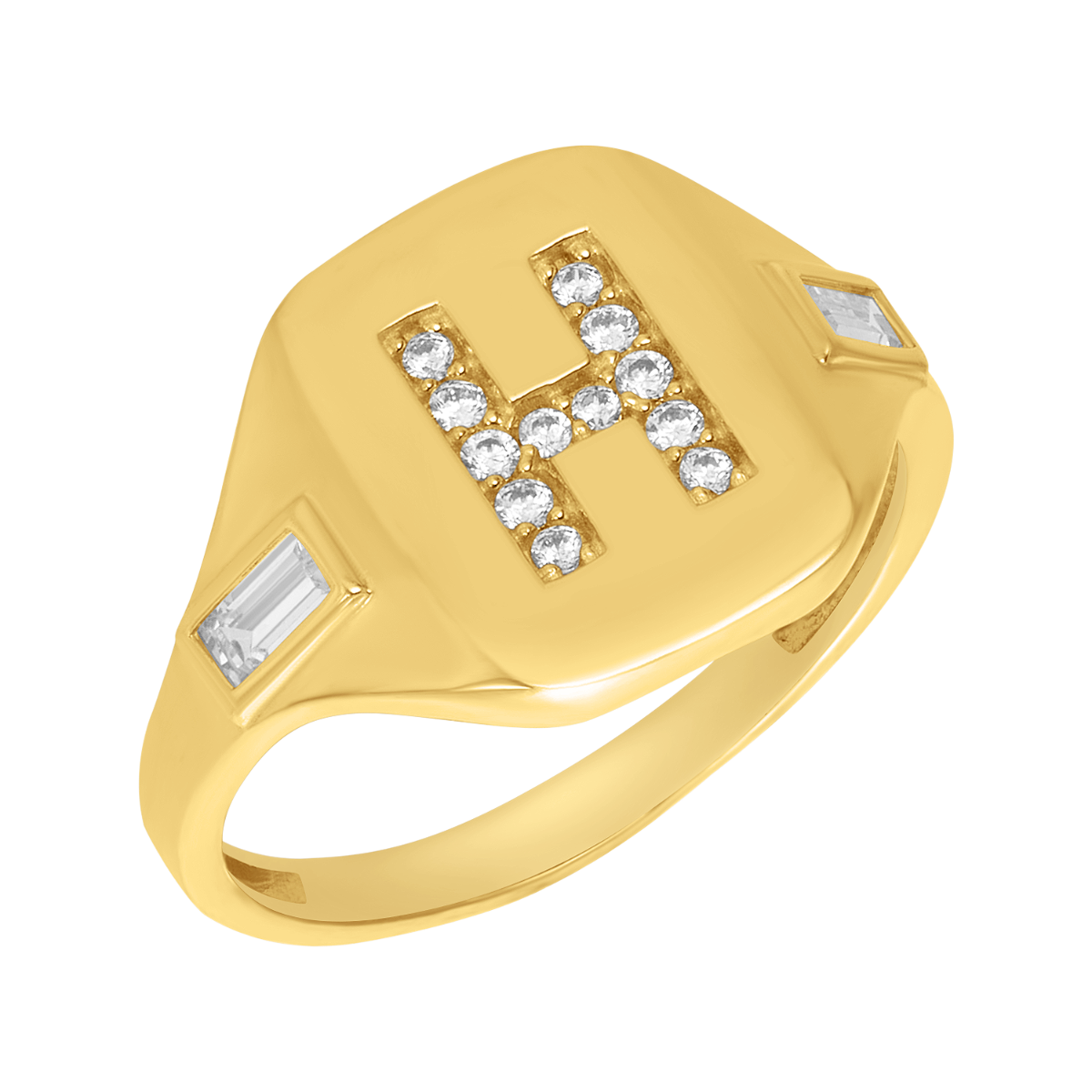 14K Yellow Gold Initial 'H' CZ Signet Ring