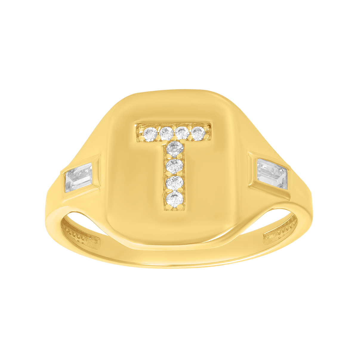 14K Yellow Gold Initial 'T' CZ Signet Ring
