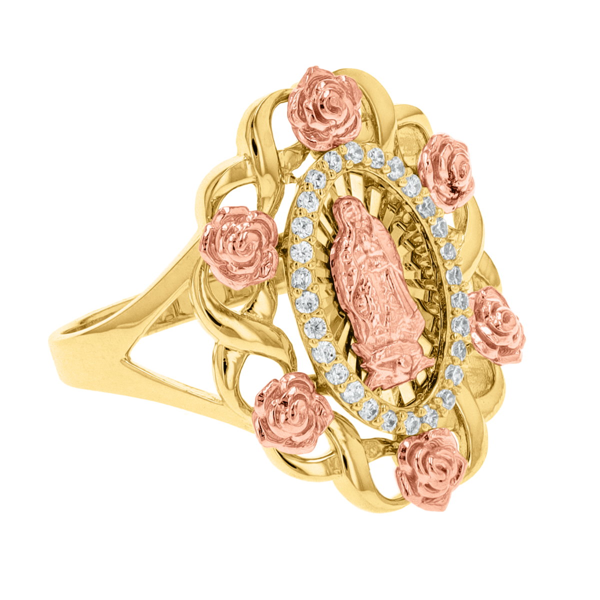 14K Tri Color Gold Our Lady of Guadalupe with Roses Ring