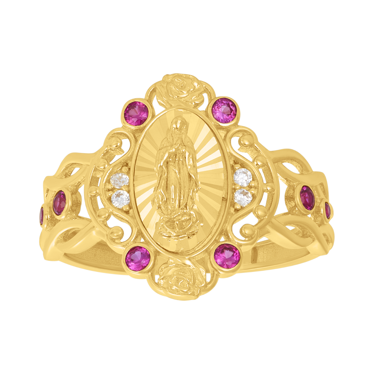 14K Yellow Gold Guadalupe Red CZ Rose Ring