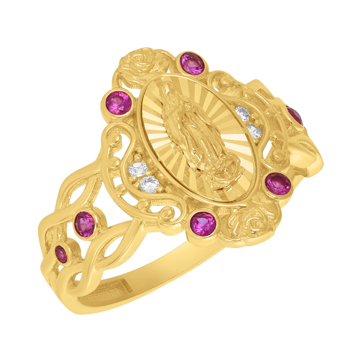 14K Yellow Gold Guadalupe Red CZ Rose Ring