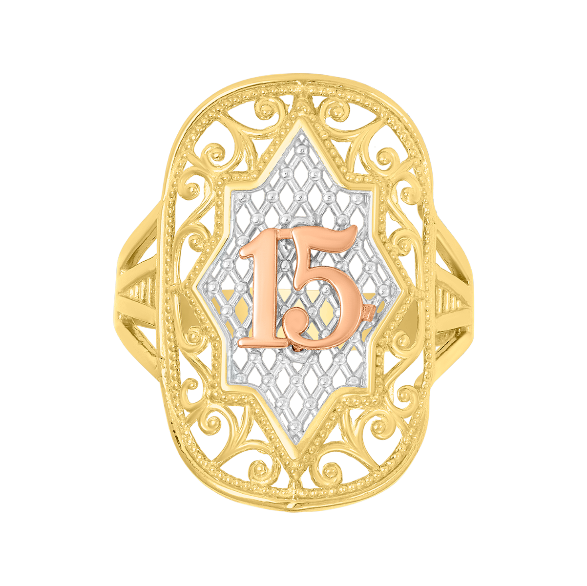 14K Tri Color Gold Filigree Quinceañera Ring