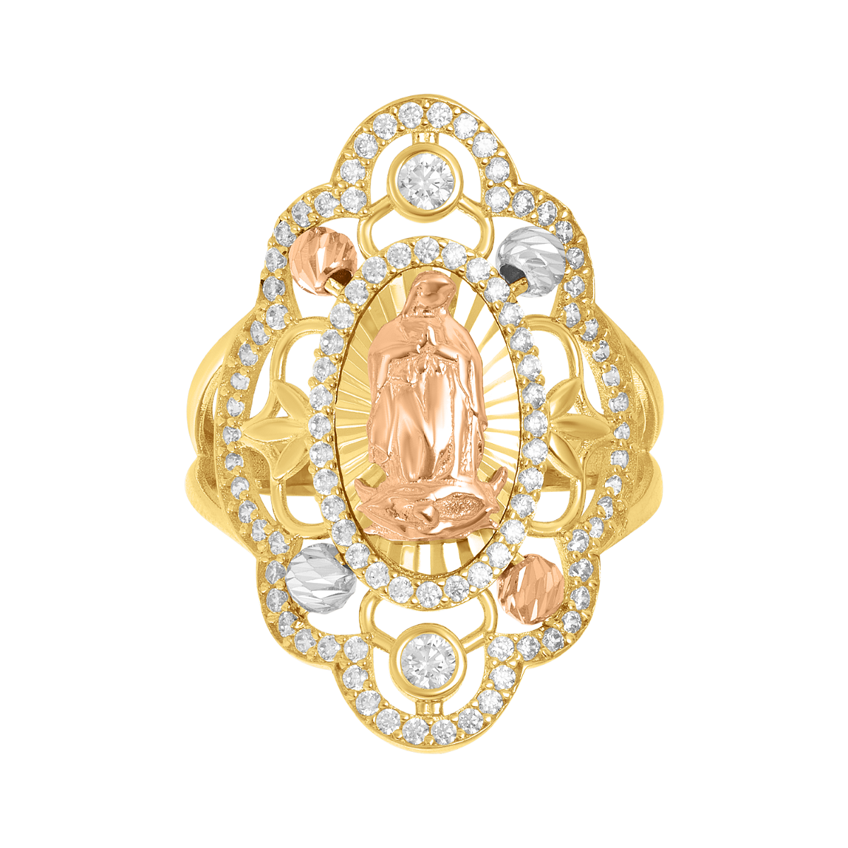 14K Tri Color Gold Beaded Guadalupe CZ Ring