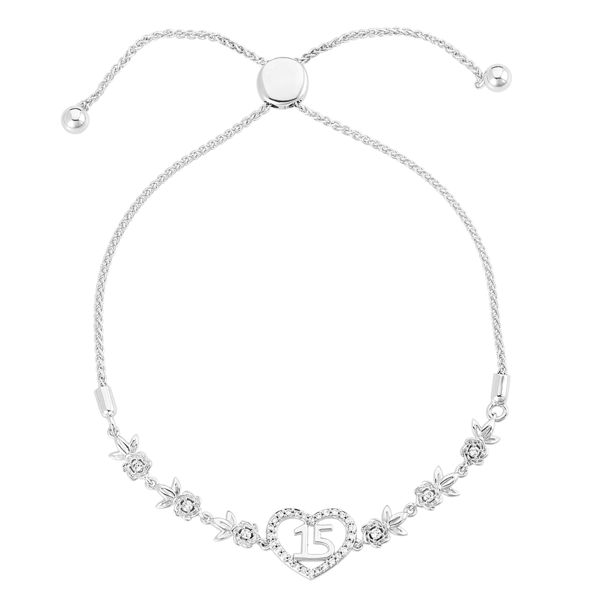 14K Gold Roses Heart Quinceañera Diamond Bracelet