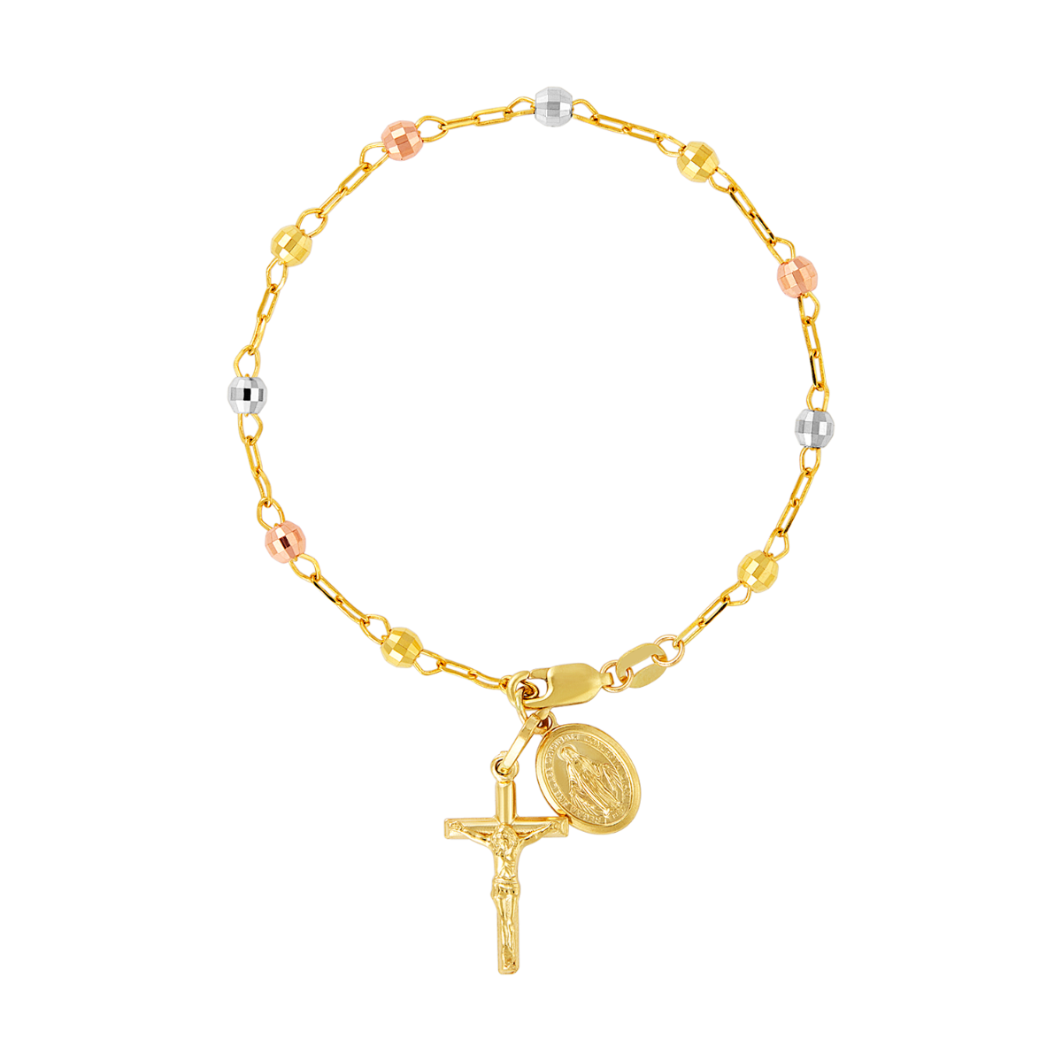 14K Tri Color Gold Beaded Diamond Cut Rosary Bracelet