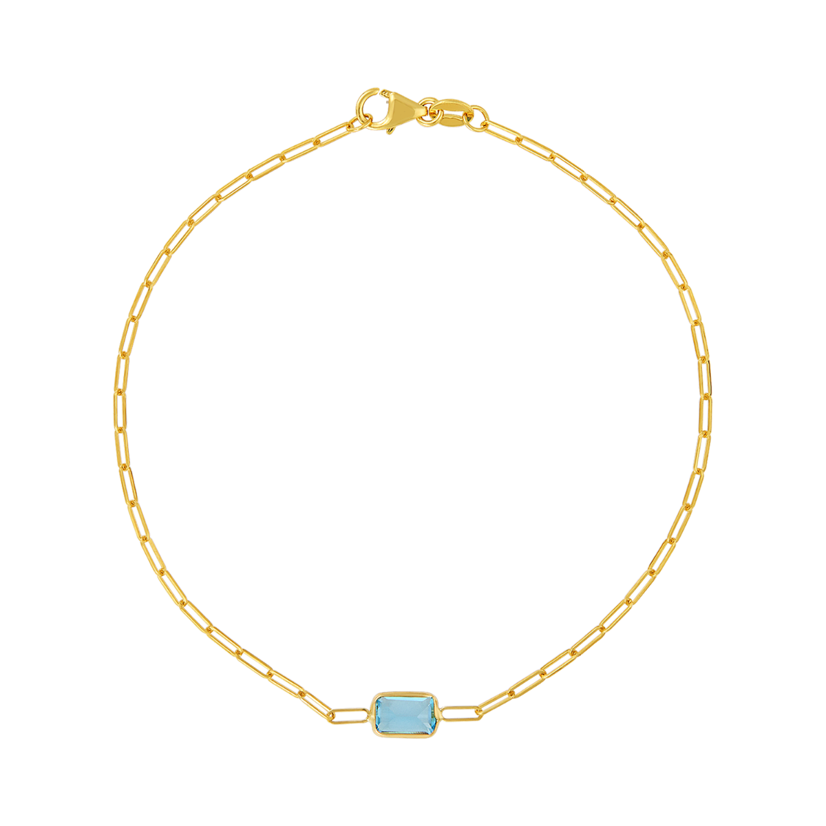 14K Yellow Gold Blue Topaz Gemstone Paper Clip Bracelet