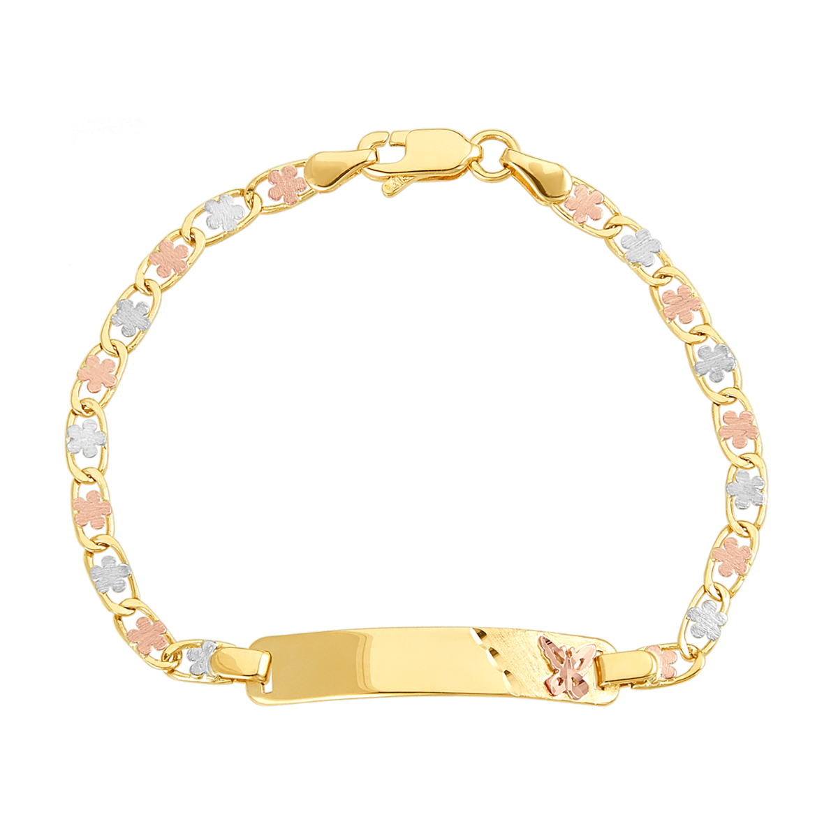 14K Tri Color Flower Link with Butterfly Charm Baby ID Bracelet