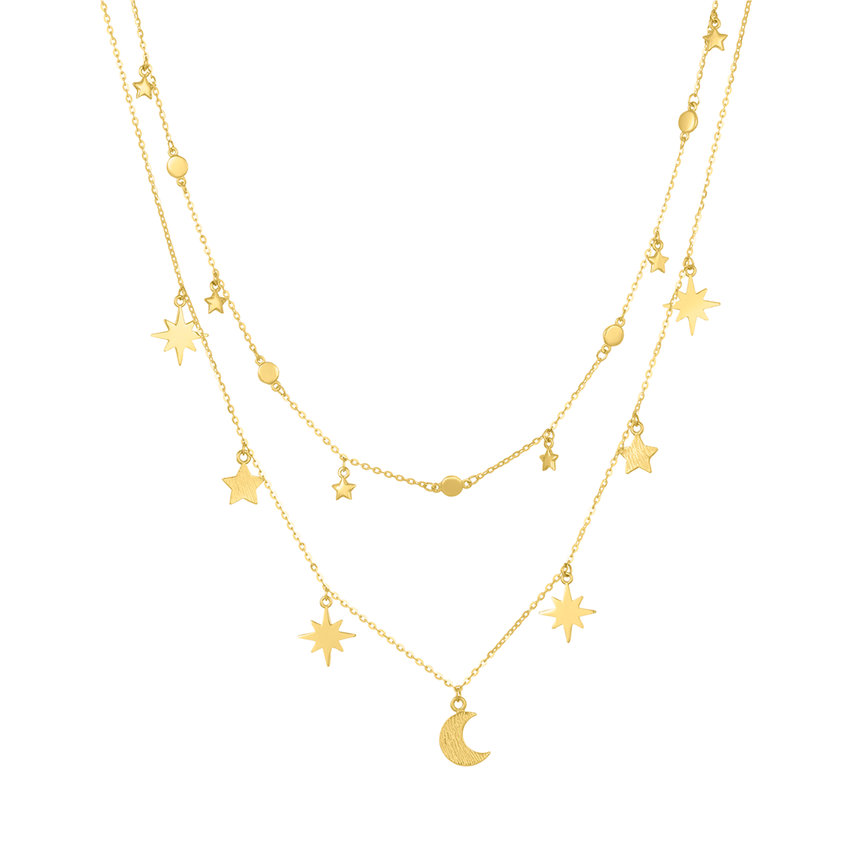 14K Yellow Gold Moon and Stars Layered Necklace