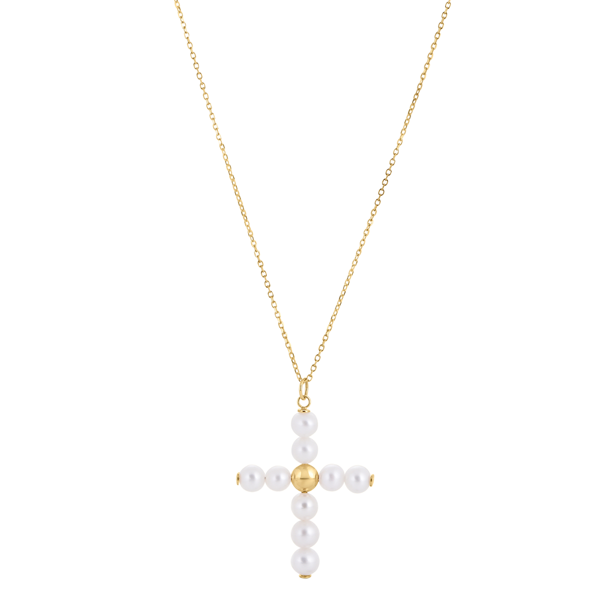 14K Yellow Gold Pearl Cross Necklace