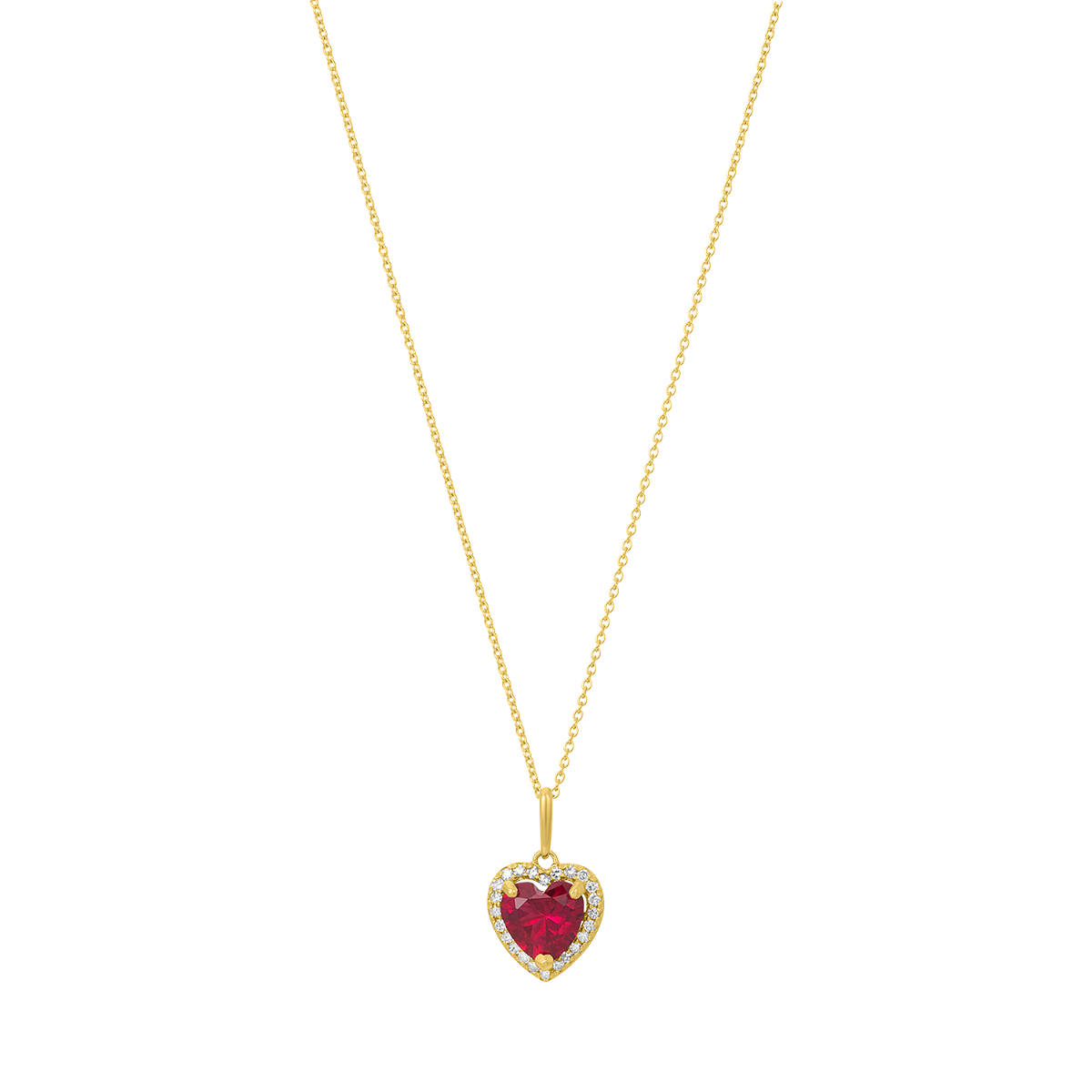14K Yellow Gold Ruby Heart Diamond Halo Necklace